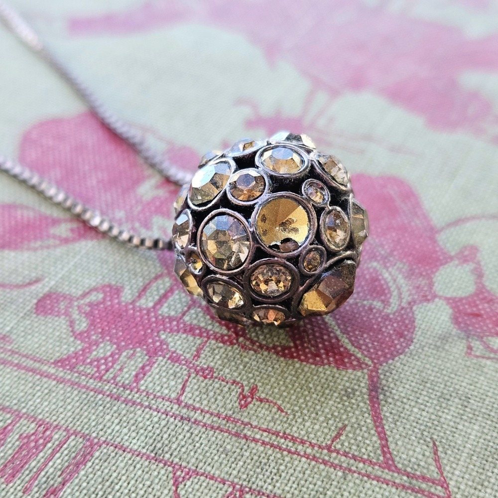 Fossil Gunmetal Pave Crystal Disco Ball Orb Pendant Box Chain Necklace